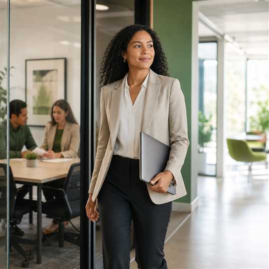 Sales professional leaving an organized review ready to move forward
