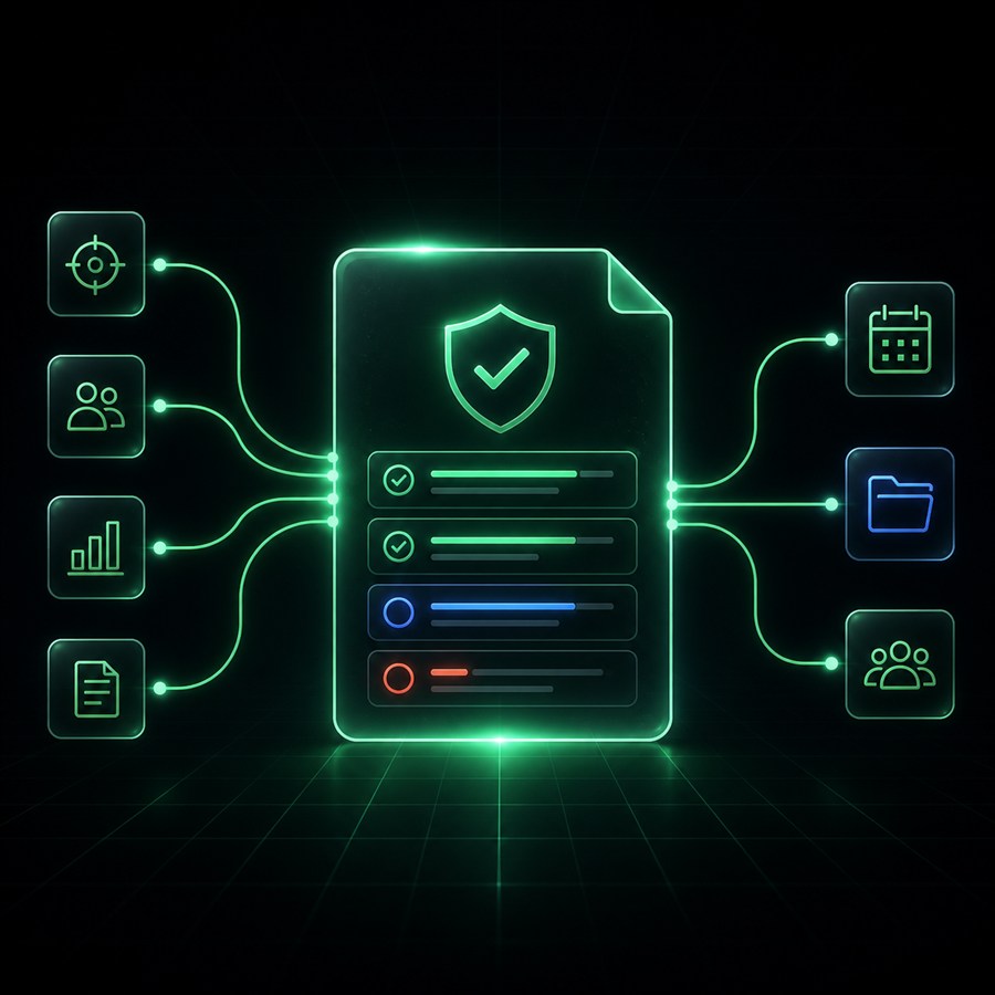 Four workflow signals converge into one evidence record and branch into three prepared reviews.
